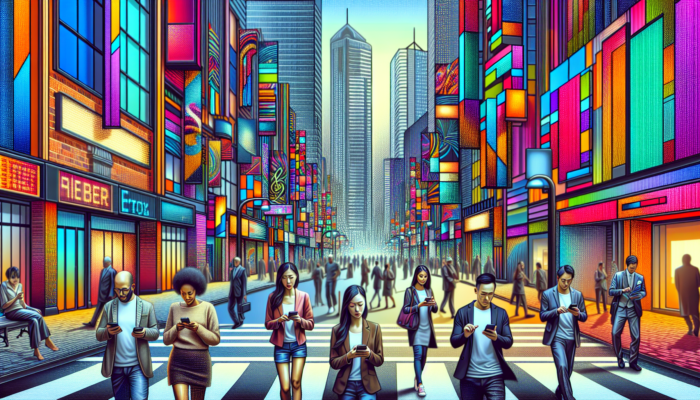 A lively city street with prominent business signage attracting local customers utilising smartphones for searches.