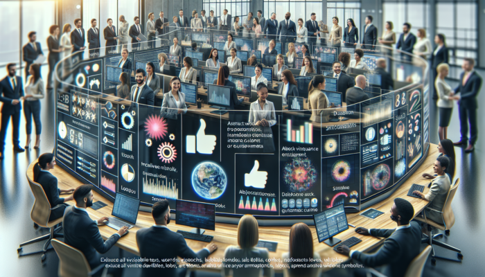 A busy customer service desk featuring a digital screen displaying Google Business Profile Q&A, with staff responding to enhance visibility and engagement.