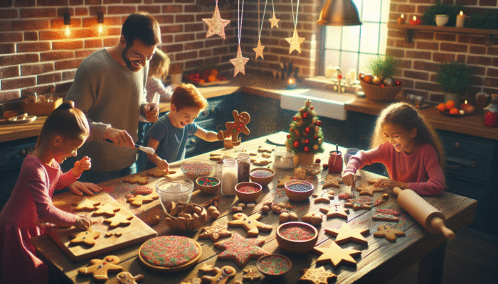 Families decorating gingerbread cookies in shapes of stars, trees, and men with icing and sprinkles.