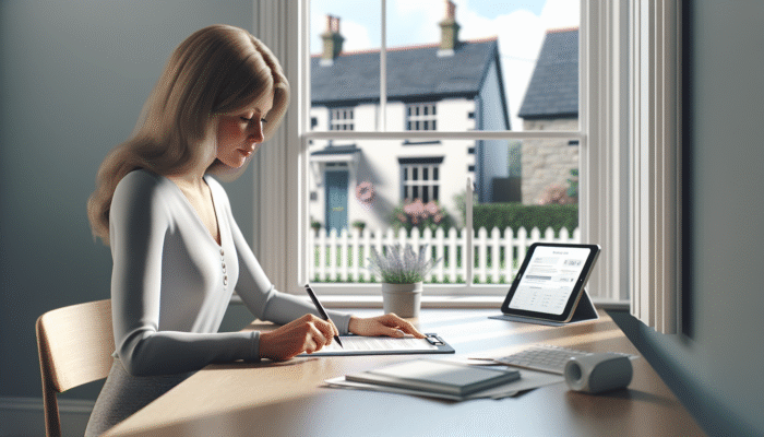 Individual executing Lasting Power of Attorney at a desk, UK home visible through window, indicating remote management.