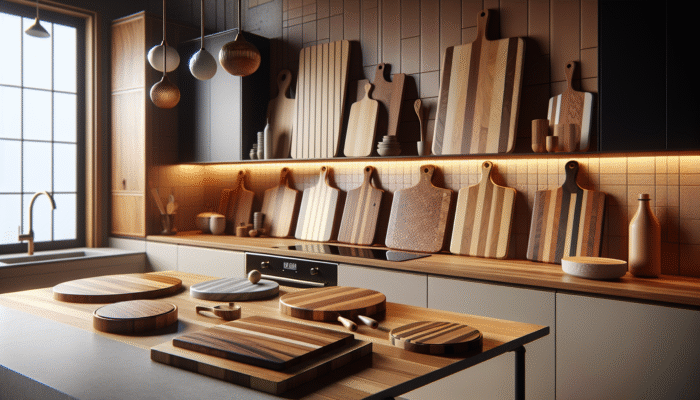 Modern kitchen showcasing diverse, stylish cutting boards on a sleek countertop, enhancing aesthetic appeal with warm lighting.