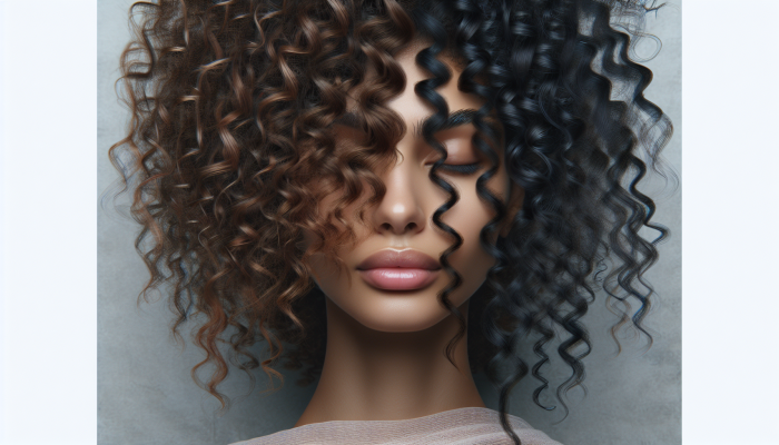 A close-up portrait showcasing mixed texture hair featuring waves, coils, and straight strands.
