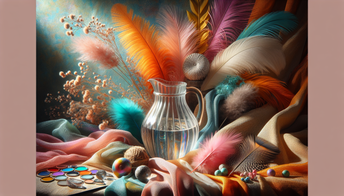 A vibrant still life showcasing diverse textures like silk, burlap, feathers, and nurturing elements like water and sunlight.