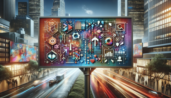 A digital billboard showcasing Google Business Categories with strategic selection and audience targeting analytics in an urban environment.