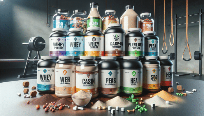 Variety of protein powders displayed on a table: whey, casein, plant-based options, gym equipment, vegan symbols.