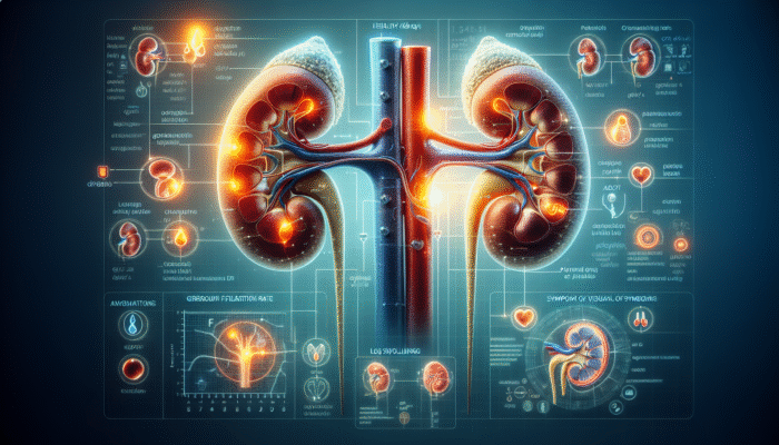 Illustration of kidneys displaying health indicators like GFR, creatinine, urine protein, and symptoms such as fatigue, leg swelling, and altered urination.