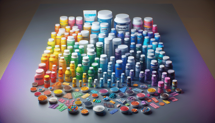 A colourful selection of electrolyte supplements in powders, tablets, and drinks displayed on a table.