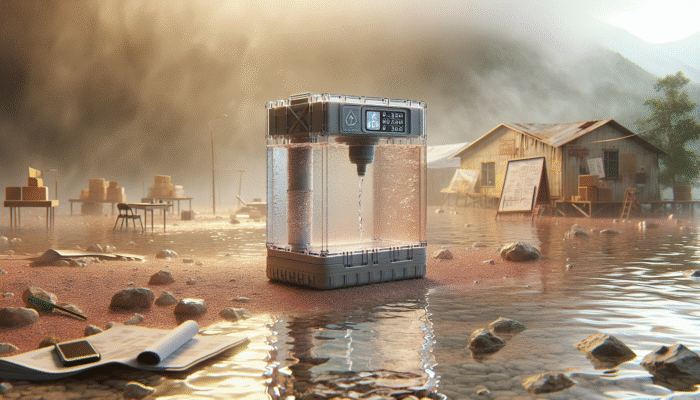 Essential SHTF Gear: A compact portable water filter in action, transforming murky water into clear, safe drinking water during an emergency.