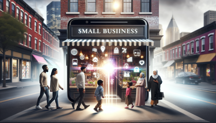 A vibrant Google local listing on a smartphone attracting customers to a busy small business storefront.