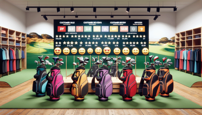 A selection of golf bags in a South African store, featuring sale signs and customer reviews.