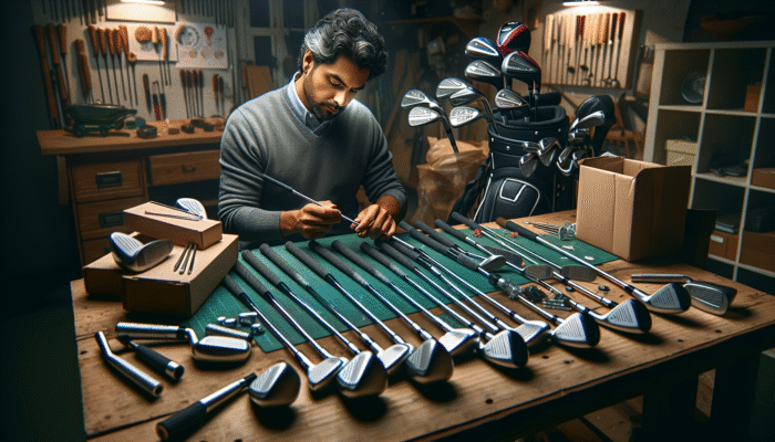 Individual disassembling golf clubs on a workbench, utilizing tools and packing materials.