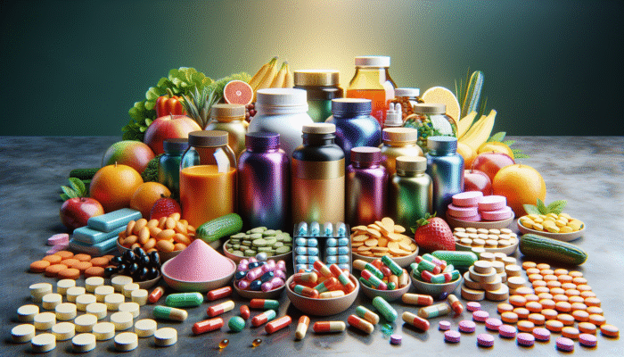 A vibrant display of dietary supplements alongside fresh fruits and vegetables.