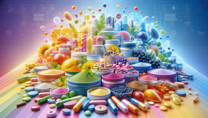 A vibrant assortment of dietary supplements in capsules, tablets, and powders against a lively background.