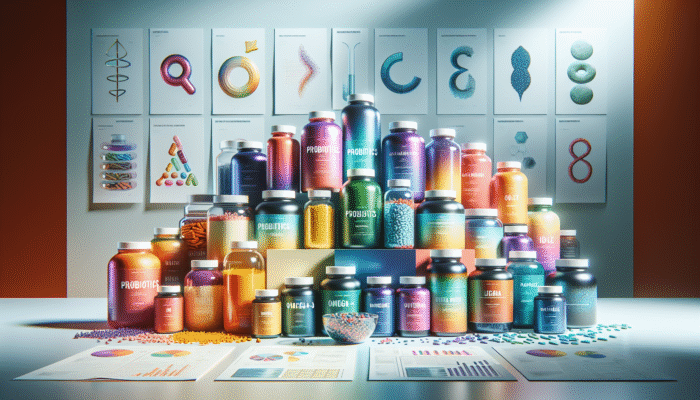 Collection of specialty supplement bottles featuring probiotics, omega-3, and protein powders on a health-focused backdrop.