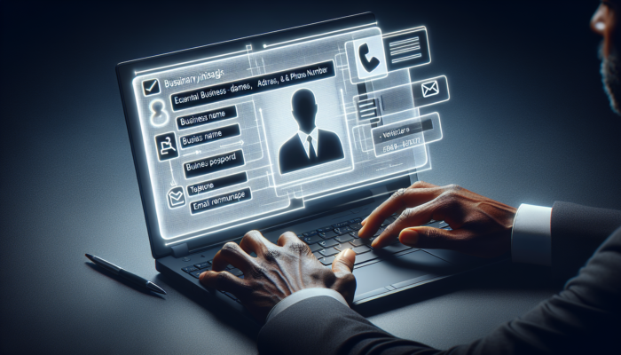 Individual using a laptop to claim business listing, entering details and selecting verification method.