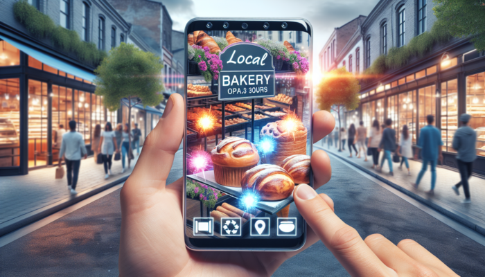 A local bakery's Google My Business profile on a smartphone, showcasing delectable pastries, operational hours, and customer reviews in a vibrant urban setting.