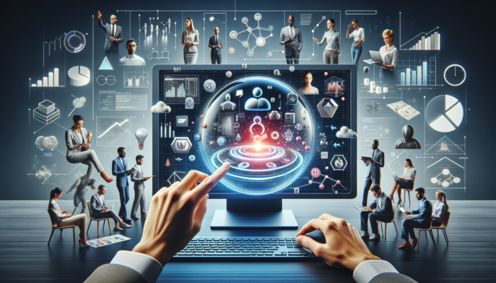 A digital workspace showcasing Google My Business on screen, with experts collaborating on enhancing online visibility strategies.