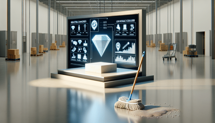 Advanced diamond tools and low-moisture scrubbers gently treating stone, achieving a lasting shine, in contrast to a typical supermarket mop.