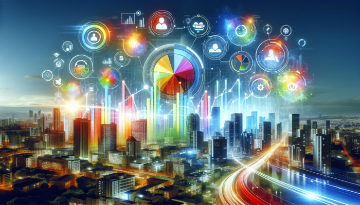 A vibrant Bing business profile featuring graphs depicting increased traffic and trust, against a lively city backdrop.