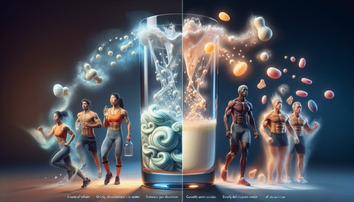 Image illustrating the rapid dissolution of whey protein alongside the slow release of casein protein overnight, featuring symbols of athletes and recovery.