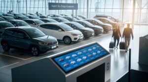 A modern Car Rentals center with rows of parked vehicles inside a bright, glass-walled building. Two travellers with suitcases walk towards the cars, while a digital kiosk offers hassle-free booking options. Sunlight streams in from large windows.