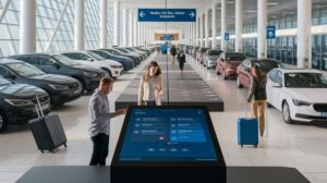 In a bright car rental facility, travellers with suitcases enhance their booking experience at a large touchscreen kiosk. Rows of parked cars line both sides, overhead signs offer directions in multiple languages, and natural light floods the space.