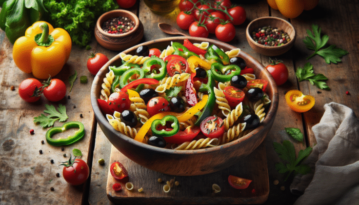 Best Potluck Dishes That Travel Well: Colorful pasta salad with bell peppers, tomatoes, olives, and vinaigrette on a rustic table.