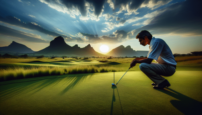 Golfer analysing South African green's contours at sunset with mountains in the background.