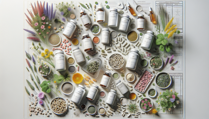 How to Use Herbal Supplements for Energy: Diverse herbal supplements in various forms surrounded by plants, symbolising natural health and vitality.