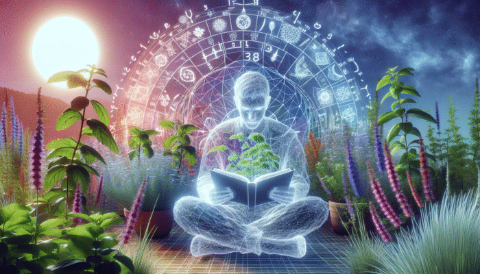 Person in serene setting with herbs, analysing energy diary and chart showing daily fluctuations.