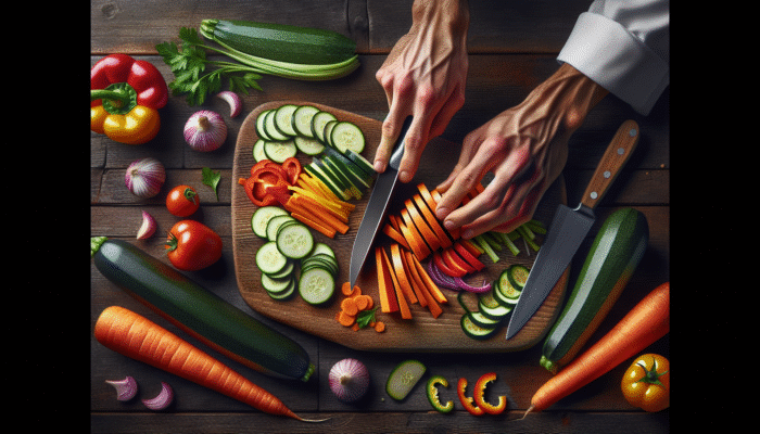 Chef's hands julienning vibrant vegetables on a wooden board with colorful slices around.