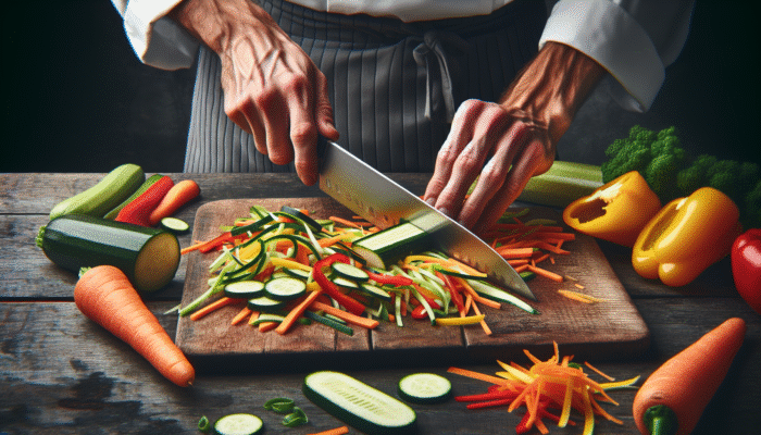 Chef's hands julienning vibrant vegetables on a wooden board with a sharp knife.