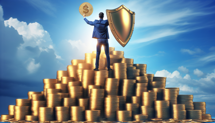 A person on a gold coin mountain, symbolising financial security, with a shield representing an emergency fund.