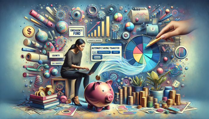 A person using a laptop to set up automatic savings transfer, with growth charts and an 'Emergency Fund' piggy bank.