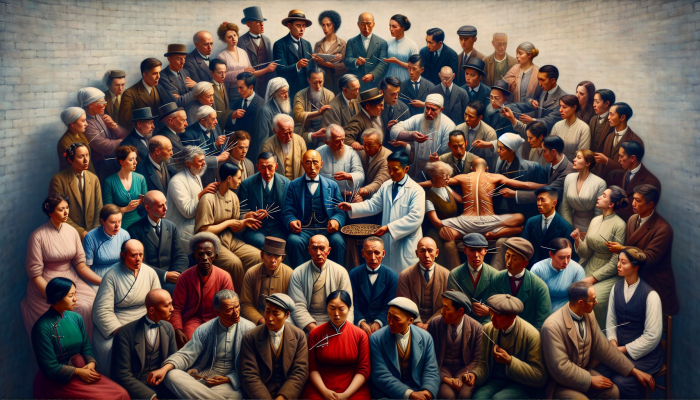 Early 20th-century British individuals engaged with an acupuncturist, reflecting a blend of curiosity and skepticism toward the ancient Chinese practice.