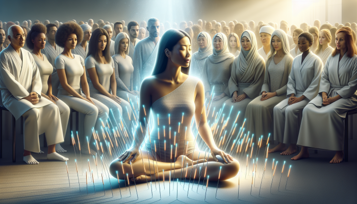A calm Asian woman undergoing acupuncture treatment, surrounded by glowing needles, with a diverse audience observing.
