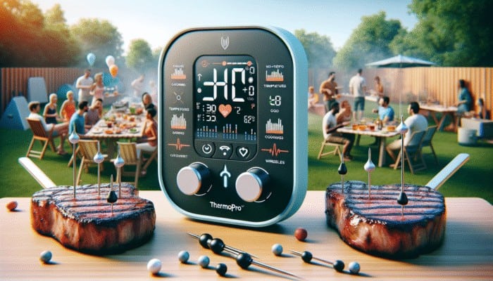ThermoPro TP20 with dual probes monitoring steaks, large display, wireless icon, people socializing at outdoor gathering.