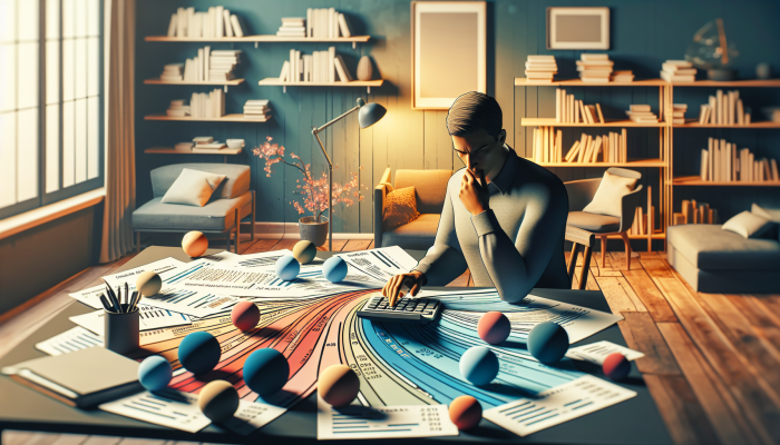 Debt Consolidation Loan Income Requirements: A Guide | DCL Individual calculating debt-to-income ratio in a comfortable home office, surrounded by financial documents and graphs.