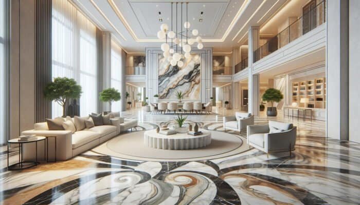 A luxurious Midlothian home interior featuring Carrara, Calacatta, and Statuario marble, showcasing their unique patterns and colours.