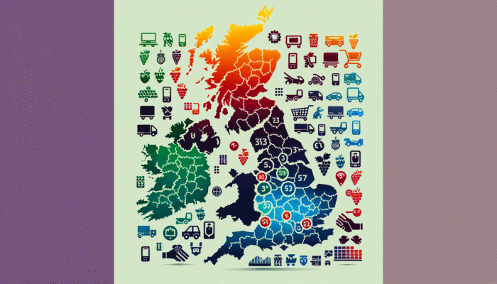 A detailed UK map illustrating regional pricing variations with colour gradients and product category icons.
