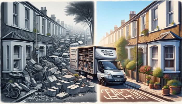 A congested urban London street featuring a busy clearance van versus a tranquil suburban area with easy van access.