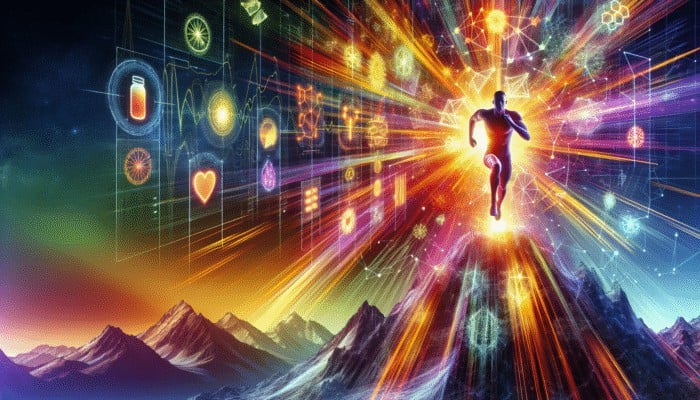 An individual sprinting up a mountain, surrounded by energising supplements, against a vibrant backdrop.