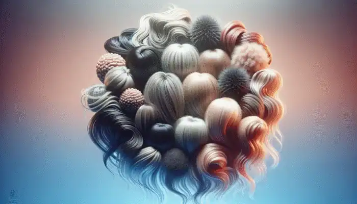 Diverse hair textures on a gradient background showing hormonal change effects, with an ethereal glow.