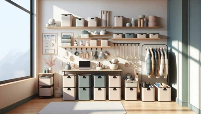 A minimalist room with organized storage solutions including bins, shelves, hooks, and labeled containers for seasonal items.