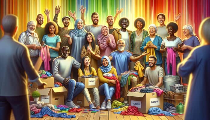 Diverse group donating items to local charity, promoting community support and sustainability.