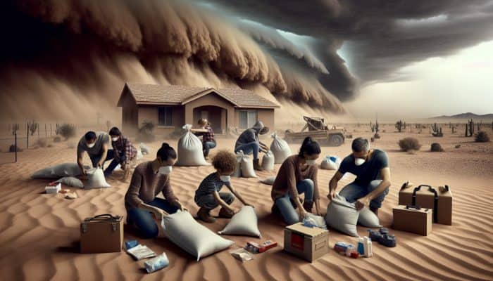 A family in a desert, securing their home with sandbags and wearing masks, preparing for a dust storm with emergency kits nearby.