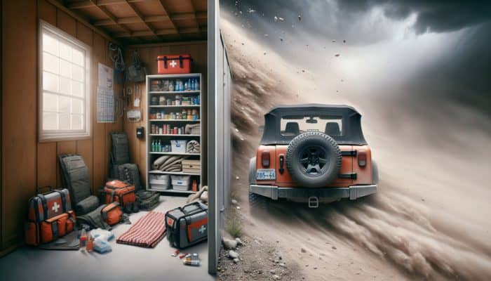 A vehicle in a sheltered garage during a dust storm, with emergency supplies, next to an exposed convertible.