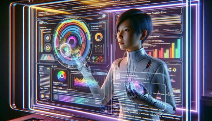 A webmaster using Google Search Console data to monitor crawl errors in a futuristic workspace.