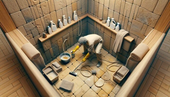 A person testing a pH-neutral cleaner on a limestone floor, with cleaning tools nearby in a ventilated room.