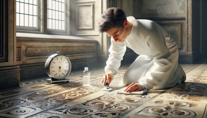 Person in lab coat testing cleaning solution on limestone floor corner with cloth and timer.